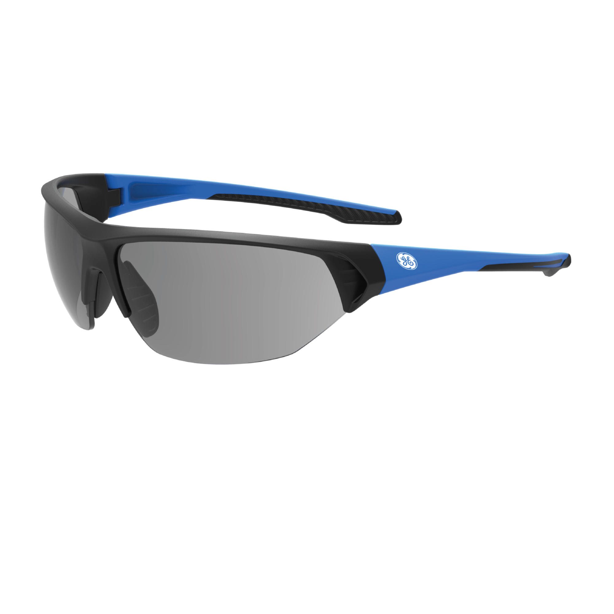 General Electric, Blue/Black Safety Glasses Smoke Af Lens, Anti-slip TPR temple tips, 100% Polycarbonate lens and 9.5 base curve. It has Sporty Style Frame and Soft and anti-slip nose pads. Model# GE206SAF